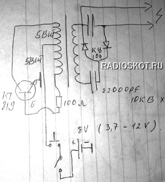 Схема несложного электрошокера на транзисторе кт819